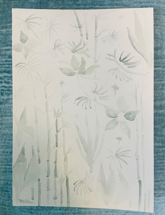 Image 1 of Set of 3 signed watercolor landscape paintings in sage green monochrome