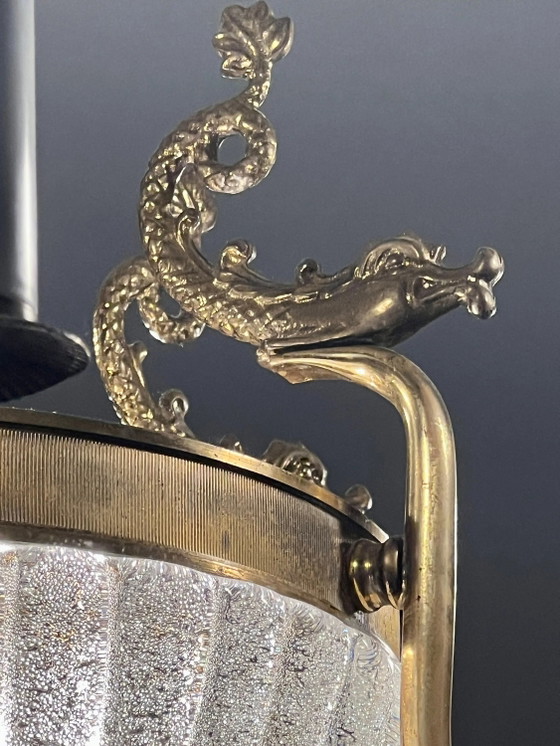 Uniek! Echte Art Nouveau Kroonluchter met glazen schaal en messing vis. Circa 1915 – Glass, Brass, Art Deco (photo 8 of 9)