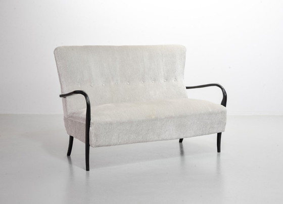 Image 1 of Distinguished Italian Mid-Century Design Guglielmo Ulrich Two Seat Sofa in Soft Silver Velvet Fabric. Italy, 1950s.