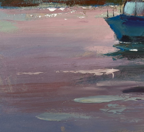 Image 1 of Peinture à l'huile originale, paysage de village au crépuscule, bateau sous les fenêtres de la mer
