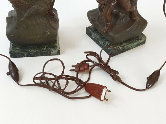 Image 1 of Een paar art-deco visserslampen, jaren 1940, vintage, metaal en marmer, jaren 1930-1940