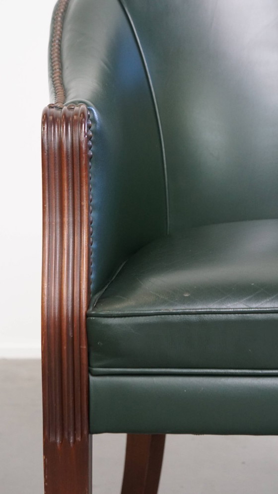 Image 1 of Beistell-/Ess-/Bürostuhl aus grünem Rindsleder und Holz im englischen Stil