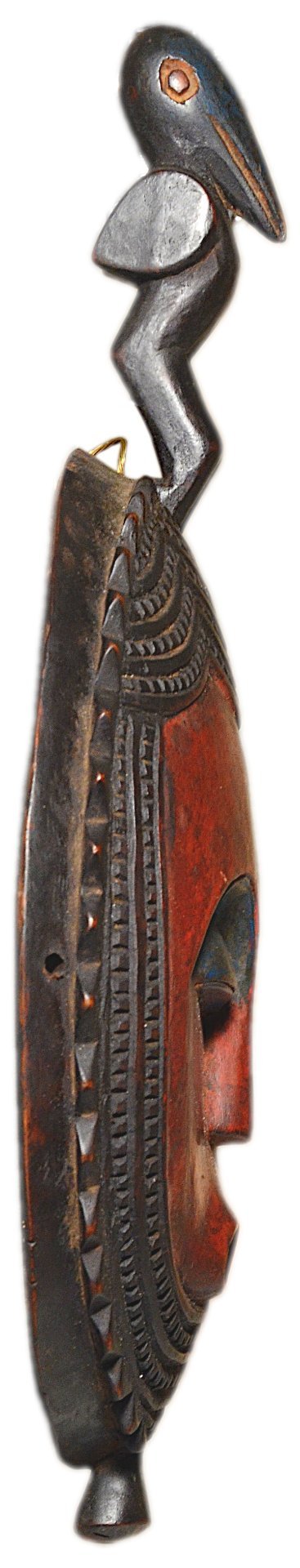 Masque africain en bois, symbolisant un visage surmonté d’un oiseau, Côte d’Ivoire, 14x28cm – Objets déco (photo 4 of 5)