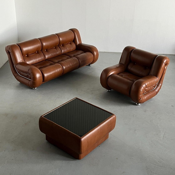 Image 1 of Ensemble de salon italien Space Age dans le style de Mimo Padova, cuir cognac et chrome, Italie des années 1970