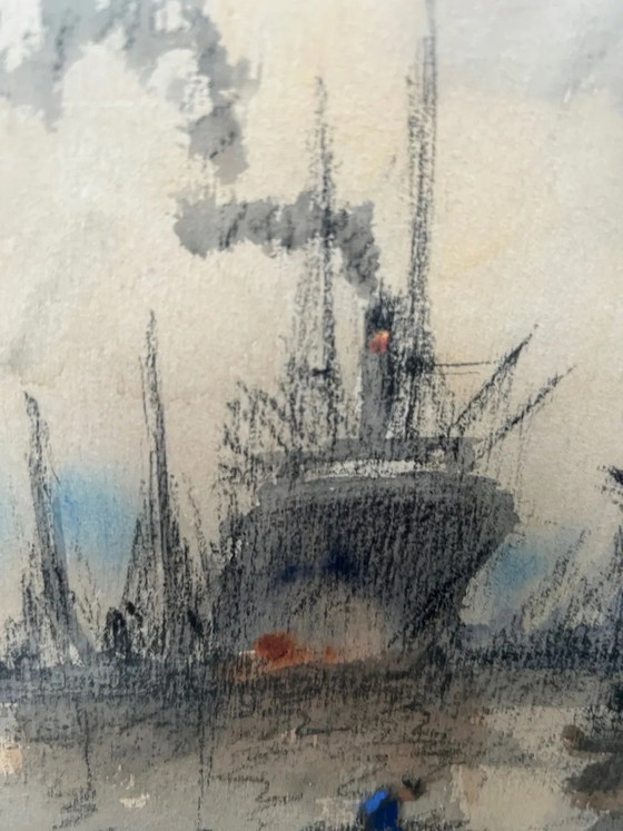 Painting painting "view of the port" – Paintings & Drawings, Paper, Vintage (photo 4 of 6)
