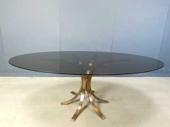 Image 1 of Tavolo da pranzo ovale in ottone e vetro vintage, anni '70
