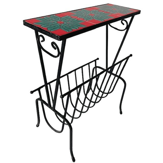Image 1 of Vintage mid-century reading table retro magazine rack tiles wrought iron 1960s