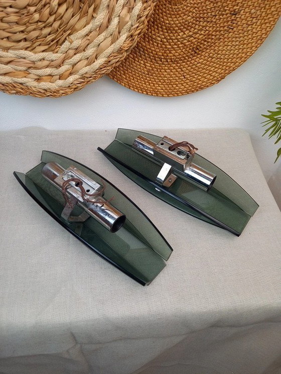 Image 1 of Paar VECA Italiaanse wandlampen voor Fontana Arte - verchroomd staal en kristalglas - jaren '60