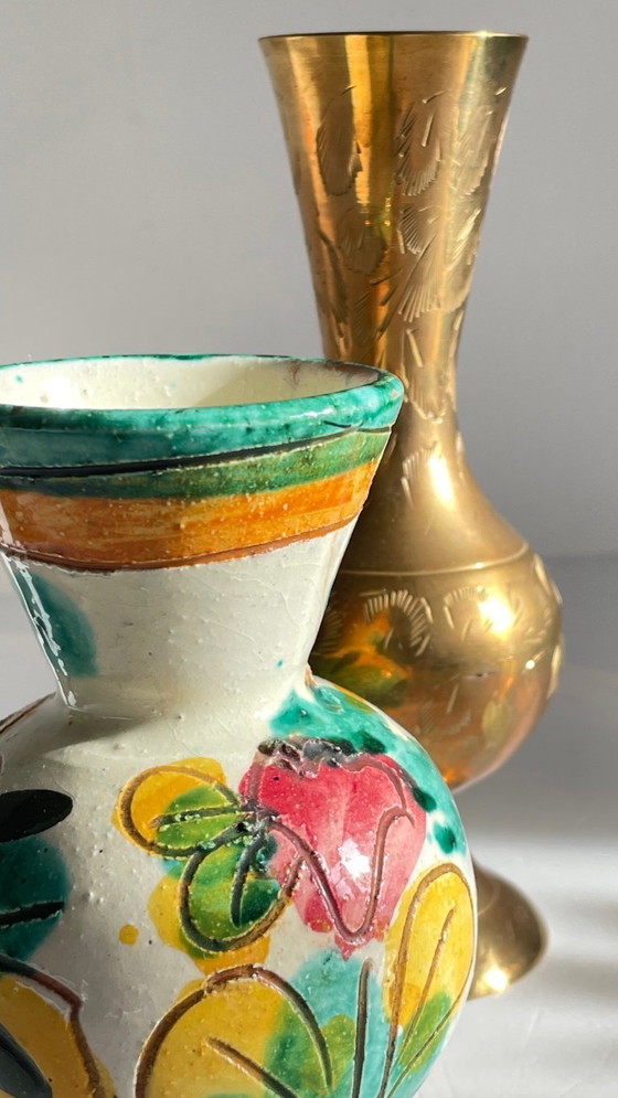 Image 1 of Vintage Handcrafted Ceramic and Brass Vases