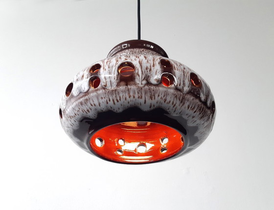Image 1 of Keramieken aardewerken vintage hanglamp van Herda, west germany fat lava stijl, keramische retro hanglamp, bruin witte hanglamp
