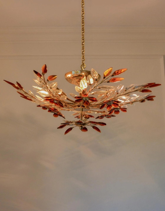 Large Amber Crystal Flower Chandelier, Maison Baguès Style, 8-Light, 1970s – Glass, Mid Century Modern (photo 5 of 10)