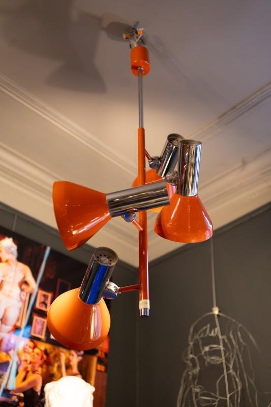 Vintage Space Age Verstelbare Hanglamp met 4 Spots in Verchroomd Staal & Oranje Lak, jaren 70 – Hanglampen (photo 8 of 12)