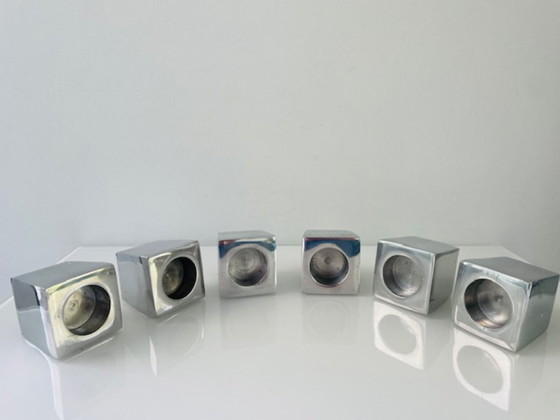Image 1 of Ensemble de 6 porte-bougies chauffe-plat géométriques en acier inoxydable – motif cubiste