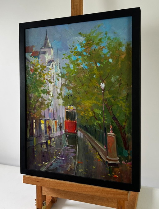 Original Oil Painting Autumn Street Landscape City Tram Slides Along The Tracks
