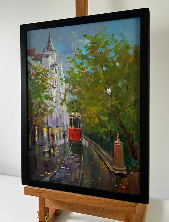 Image 1 of Original Oil Painting Autumn Street Landscape City Tram Slides Along The Tracks