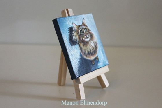 Image 1 of Unique Hand-Painted Small Cat Painting, Signed