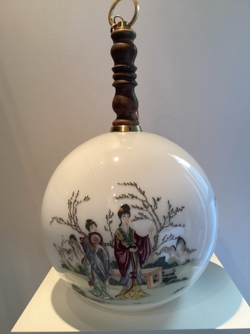 Lampe globe vintage Mid-Century Chinoiserie - Verre opalin (30cm diamètre)