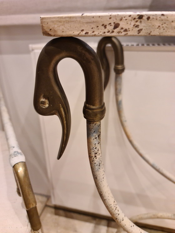 Image 1 of Set di 3 pezzi: tavolino, sedia e specchio in ferro battuto e ottone