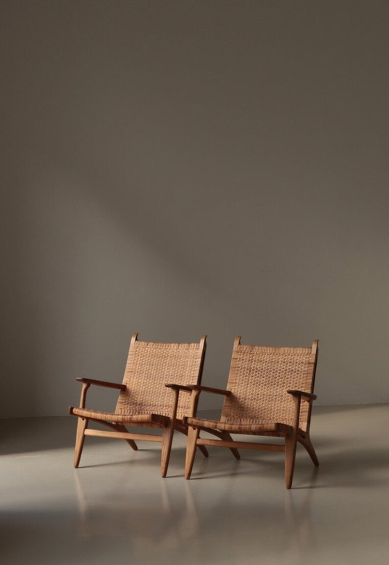 Image 1 of Zeldzaam Paar 1950 Deense Lounge Stoelen, Eiken & Rotan Rieten Weefsel, Mid Century Modern Inzamelbaar Zitmeubilair