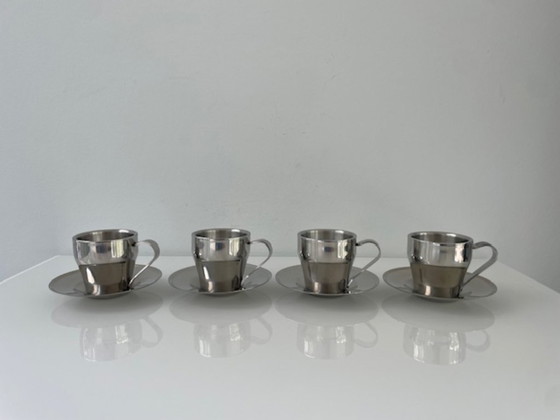 Image 1 of Set of 4 stainless steel espresso cups with saucers