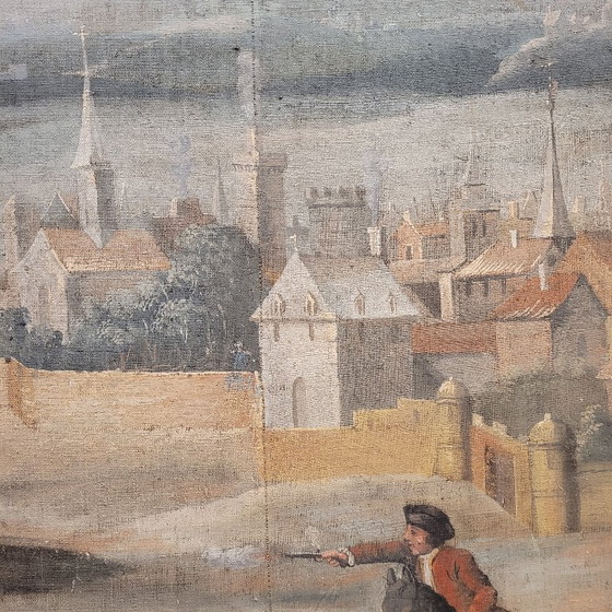 Image 1 of Watercolor painting on linen “Duel of Knights”, French School, 18th century – France