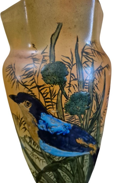 Pair of hand-painted Vases with bird motif, legras, Ceramic, Glass, Orange (photo 6 of 15)