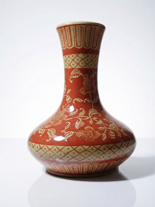 Vase Chinois XXe céramique peinte main teinte inhabituelle rouge