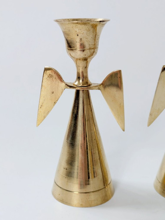 Image 1 of Coppia di portacandele vintage a forma di angelo in ottone, decorazioni natalizie in stile moderno di metà secolo