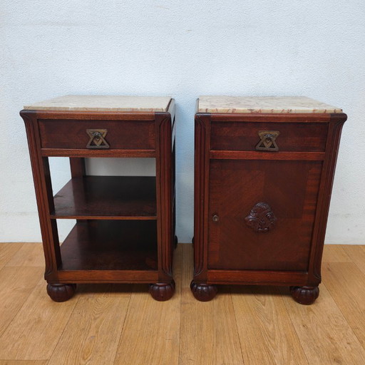 Set Vintage Art Deco nachtkastjes bijzetkastjes met marmer blad