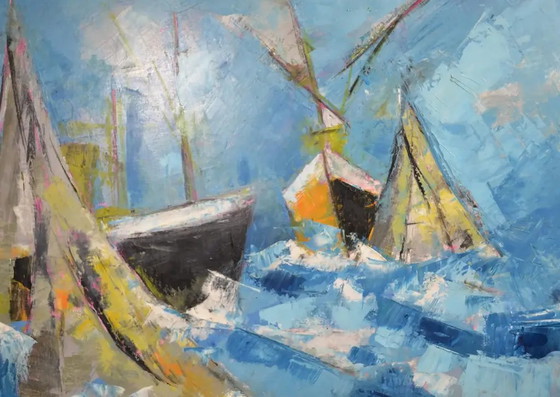 j.j. Millet "Ships in Rough Seas" Olio su tela firmato e datato – Dipinti e disegni, Canvas (photo 3 of 12)
