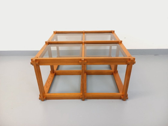 Image 1 of Vintage square coffee table in pine and smoked glass from the 70s/80s