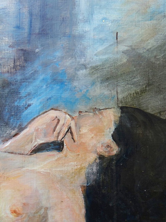Image 1 of Large painting of a reclining nude woman, modern oil on panel, vintage style