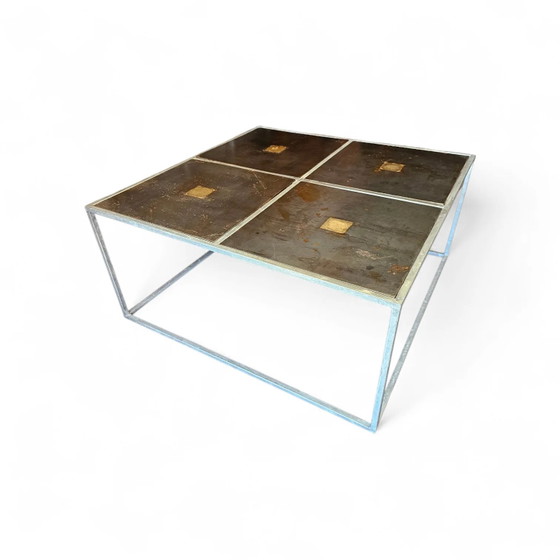 Table basse brutaliste unique des années 80 avec plateaux lourds en métal / cuivre / acier – Livres d'art (photo 6 of 8)