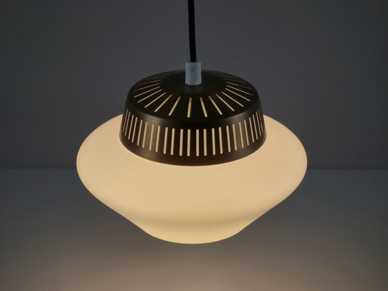 Image 1 of Rare 1950s Vintage Opal Arch Pendant Light By Svend Aage Holm‑Sørensen — Danish Mid-Century Modern Pendant Lamp.