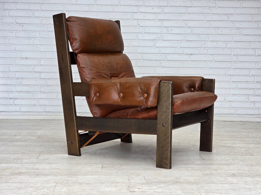 Sillón escandinavo años 70, mobiliario de piel, lona, ​​madera de roble.