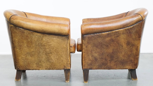 2 x Fauteuil club vintage en cuir de mouton