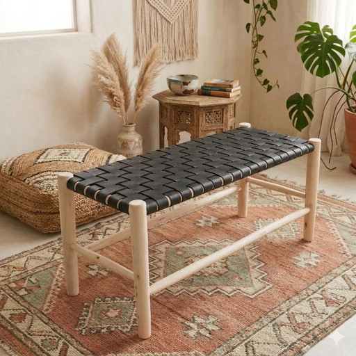 Banc bohème en bois – Banc d'appoint artisanal en bois massif pour la décoration du salon, de l'entrée et de la chambre