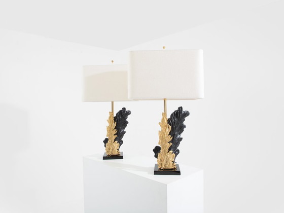 Image 1 of Philippe Cheverny paar grote tafellampen van hars en brons, jaren 70