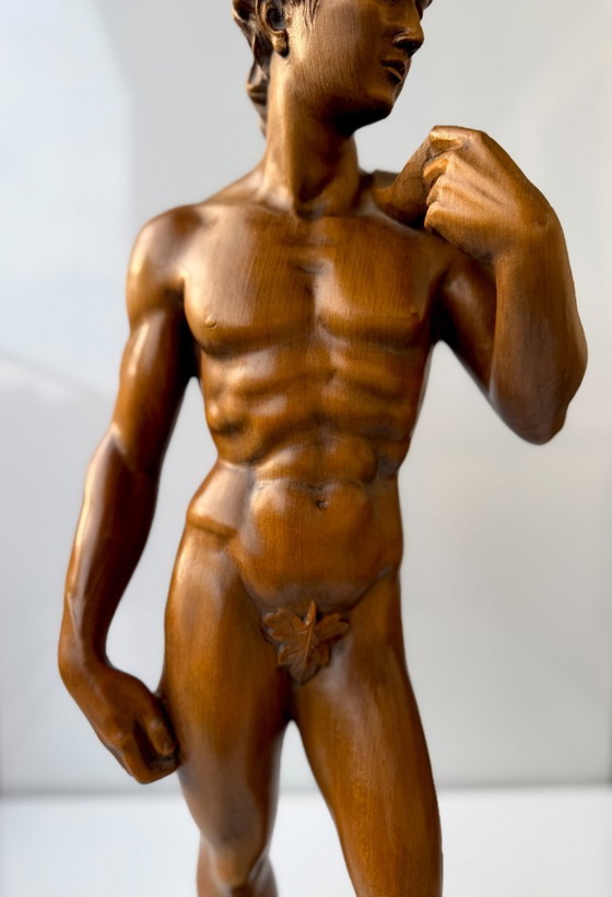 Michelangelo David Sculture in Legno Intagliate a Mano 65 cm Statua Vintage Foglia di Fico (photo 8 of 23)