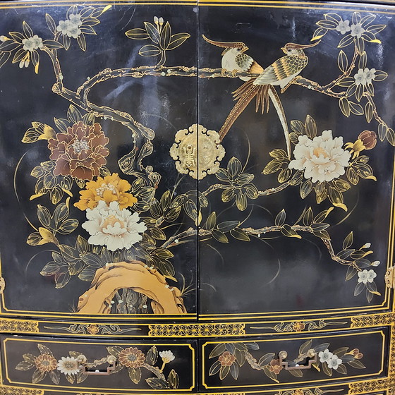 Image 1 of Vintage Chinese black lacquer cabinet birds and flowers bohemian / bohemian / oriental cabinet