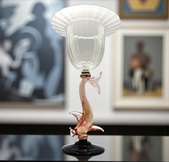 Image 1 of Murano - Artistic chalice - Blown glass with pink dolphin stem and blue base, signed