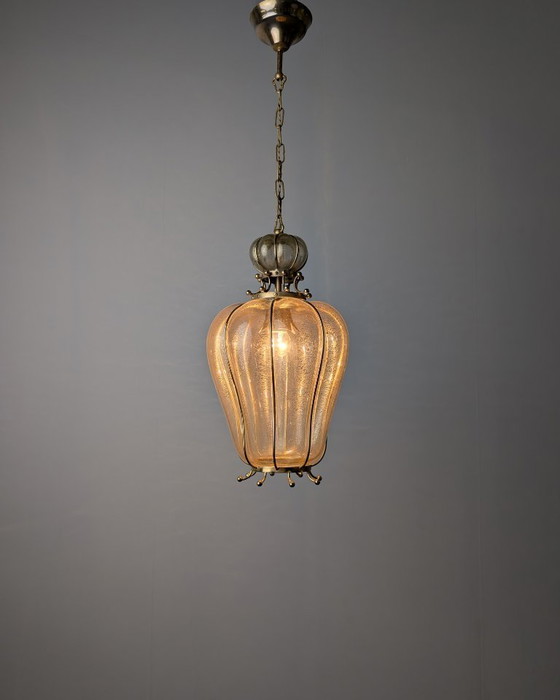 Image 1 of Handgeblazen lantaarn van Murano-glas van Barovier & Toso met 24-karaats goud en messing, jaren 60.