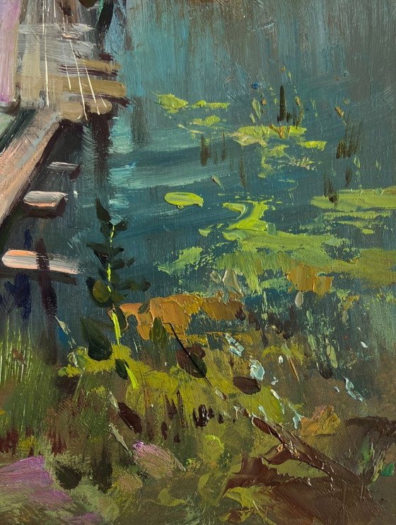 Image 1 of Original Oil Painting Summer River Landscape Bridge to the village