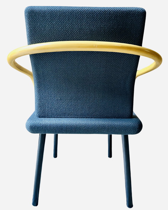 Image 1 of 4x Silla Mandarin de Ettore Sottsass para Knoll, 1986 - Tela azul, reposabrazos con aspecto de bambú