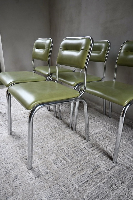 Set of 5 characteristic mid-century dining chairs 50/60, Chrome, Skai, Green (photo 4 of 13)