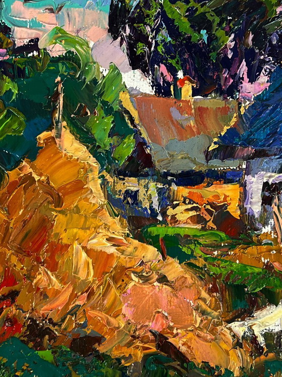 Image 1 of Original Oil Painting Rural Landscape Village The Goat in the Courtyard