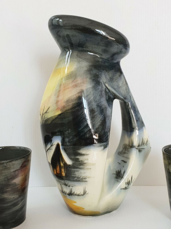 Image 1 of ENSEMBLE 1950 PLATEAU CARAFE & VERRES VINTAGE CERAMIQUE MONACO MONACERA 50S 50'S