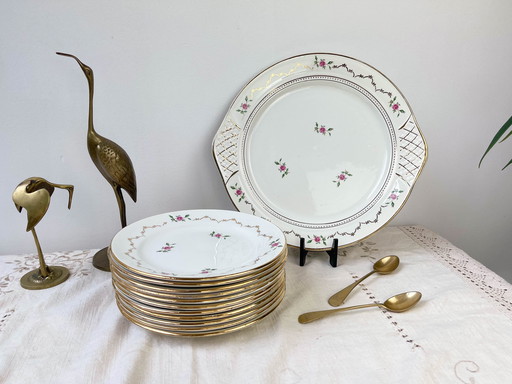 Lot de 11 Petites Assiettes + Plat en Porcelaine Vintage L’Amandinoise Motif Fleuri