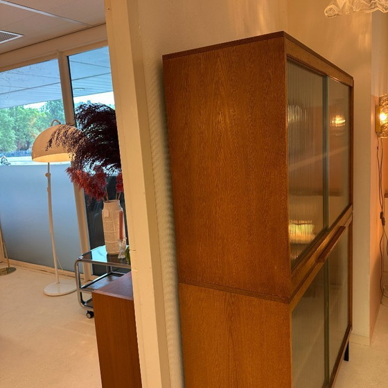 Image 1 of Tall glass display case from the 1960s with ribbed glass