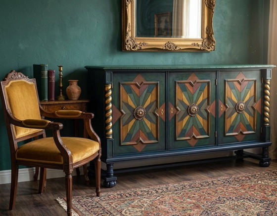 Artisan Hand-Painted Credenza with Geometric Star Inlay and Gilded Details, Sideboard cabinet, Gold (photo 2 of 3)